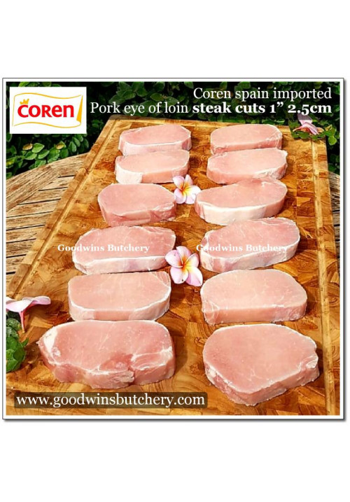 Pork EYE OF LOIN sirloin karbonat SKIN OFF frozen Spain COREN STEAK 1" 2.5cm (price/pack 600g 3pcs)
